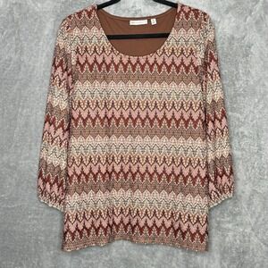 Rafaella 2X Shirt Top Brown Pink Striped Sheer 3/4 Sleeve Scoop Neck Knit Womens